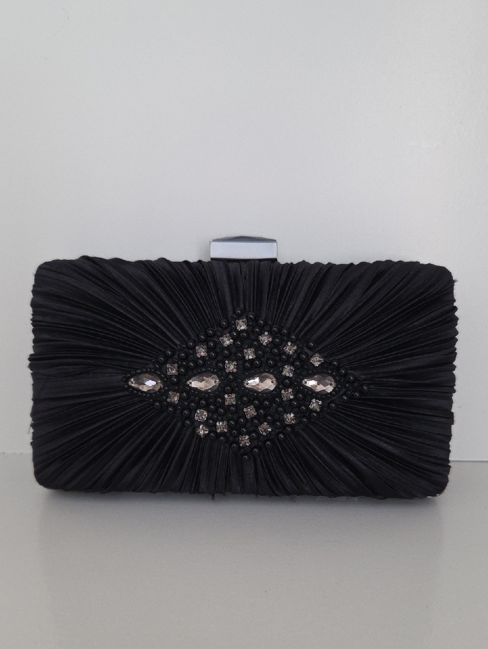 Kate Landry Black Jeweled Pleated Evening Clutch